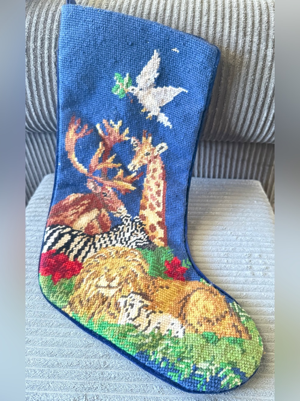 Vintage Blue Noah’s Art Wildlife Needlepoint Holiday Stocking Christmas